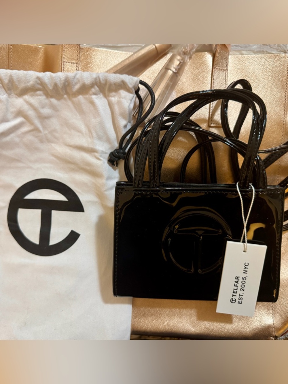 New! Authentic Telfar Black Patent Small Shopping Bag with Logo
